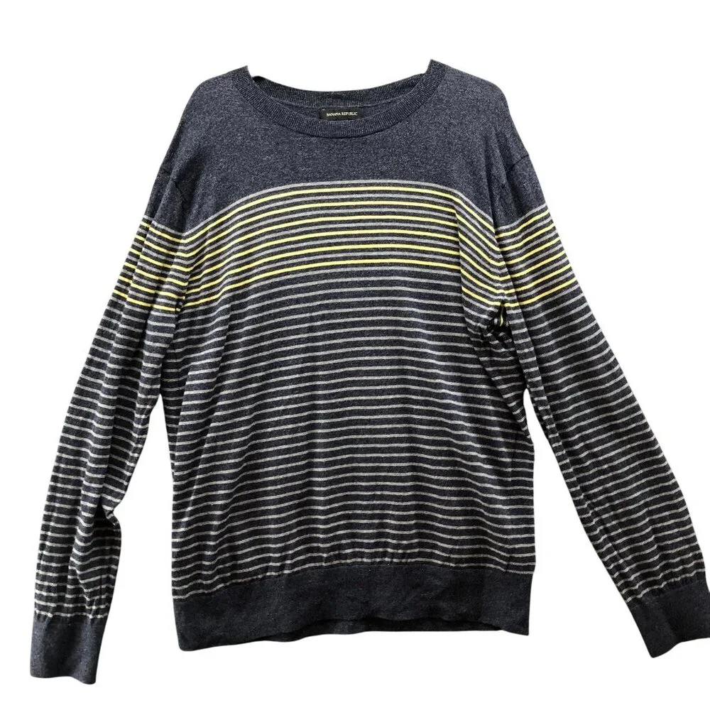 Banana Republic Cotton Sweater Mens XL Gray‎ Yellow Crewneck Striped Lightweight
